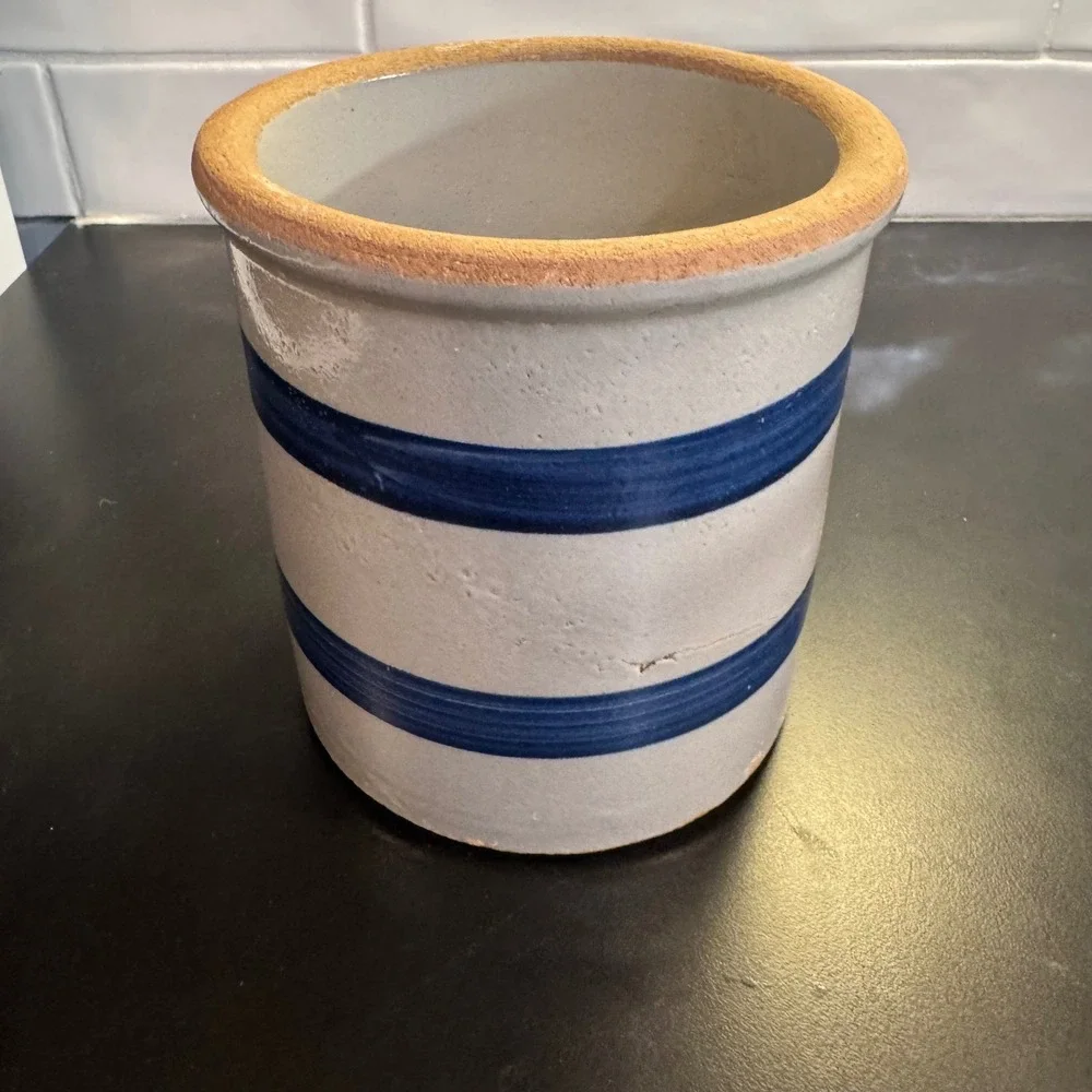 Stoneware Crock Home 5in Gray Blue Double Banded Farmhouse Crock country granny